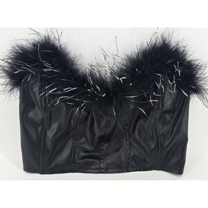 Blanc Clothing Feather Faux Leather Crop Top Women's S Bustier Black Corset Edgy